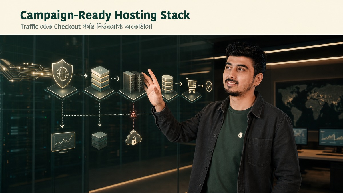 Swadhin Khan campaign-ready hosting stack এ CDN cache application database checkout monitoring ও backup দেখাচ্ছেন
