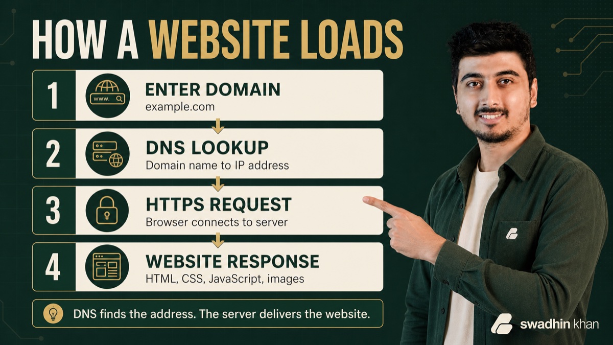 ডোমেইন লেখা, DNS lookup, HTTPS request ও website response-এর চার ধাপ