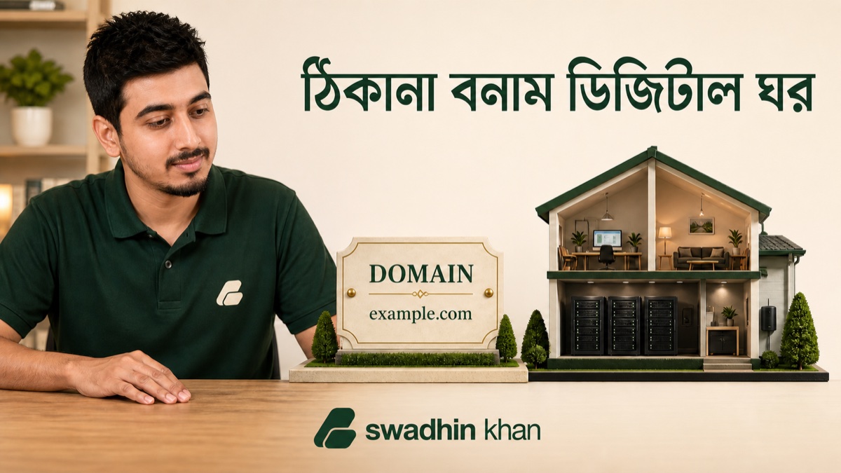 ডোমেইন হোস্টিং কি—বাড়ির ঠিকানা ও সার্ভারযুক্ত ডিজিটাল ঘরের উদাহরণ