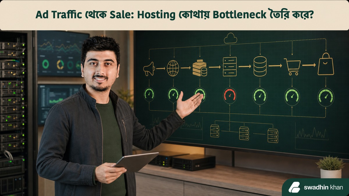 Swadhin Khan ad traffic থেকে CDN, cache, application, database, checkout ও sale পর্যন্ত hosting bottleneck ব্যাখ্যা করছেন