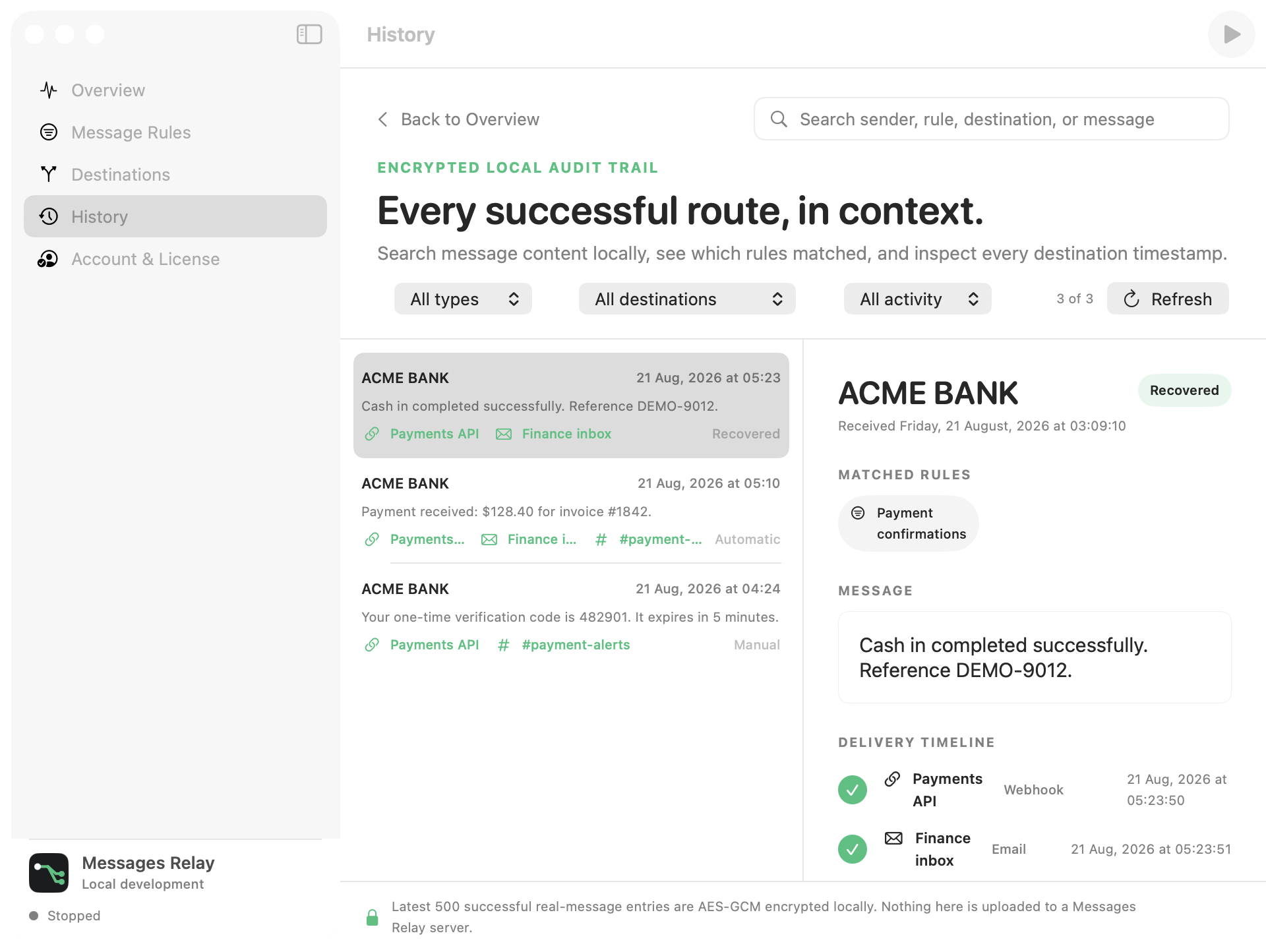 Messages Relay local history with search filters, matched rules, message detail, and Webhook and Email timestamps