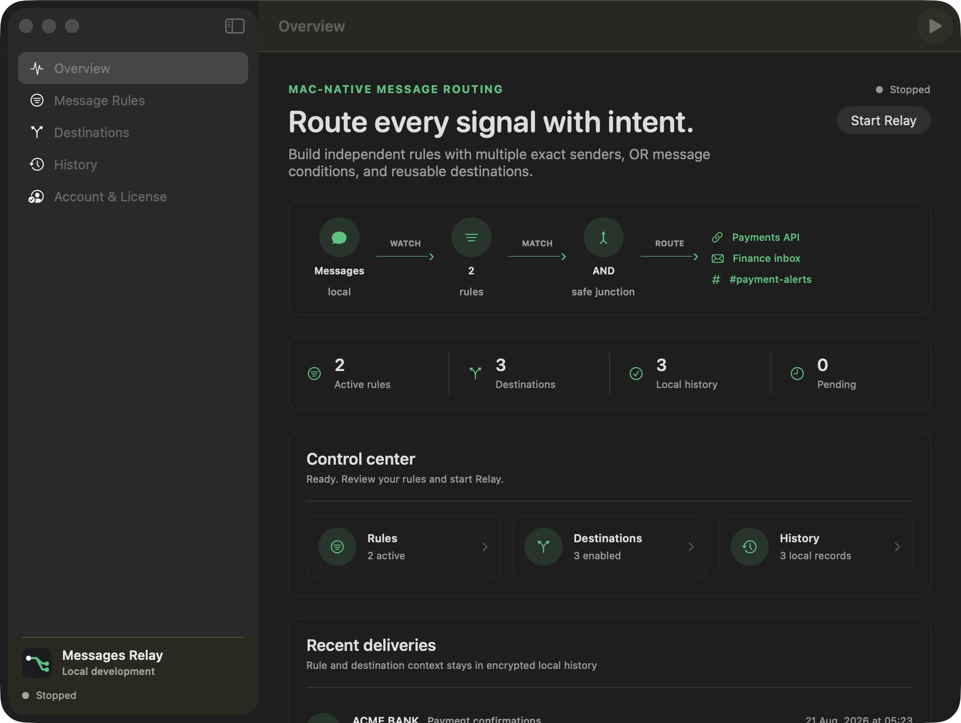 Messages Relay native macOS overview showing three enabled destinations and local delivery history