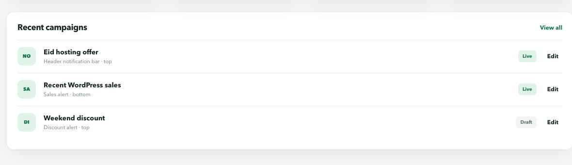 Swairish NotificationX recent campaign management