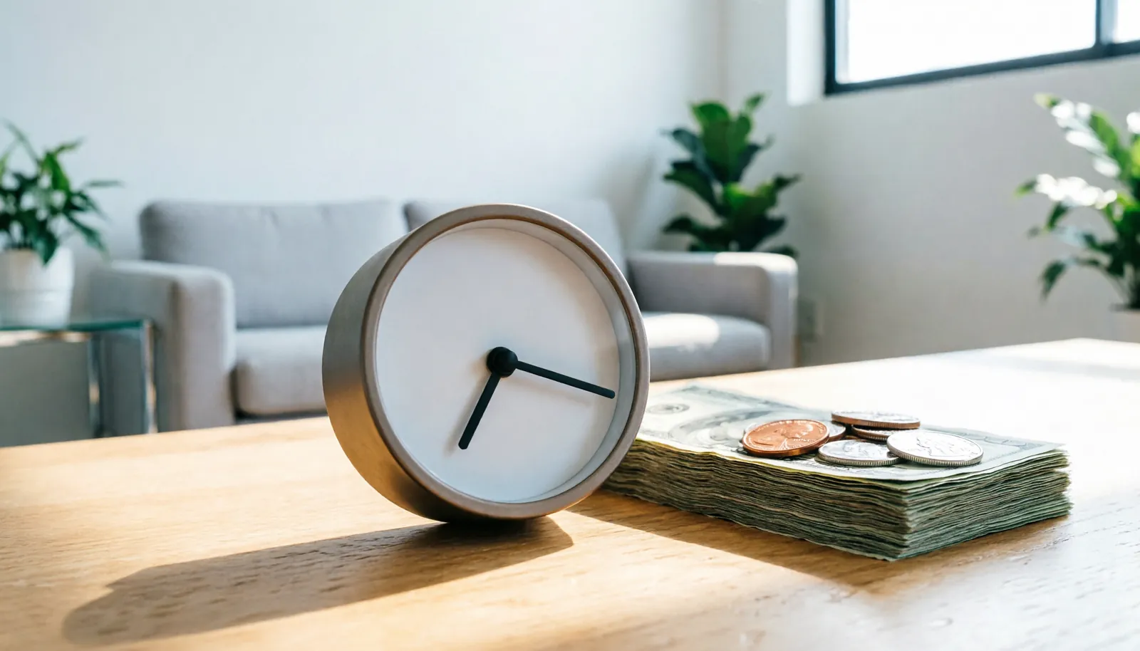 Desk clock and currency on a wooden table representing cost and time considerations.
