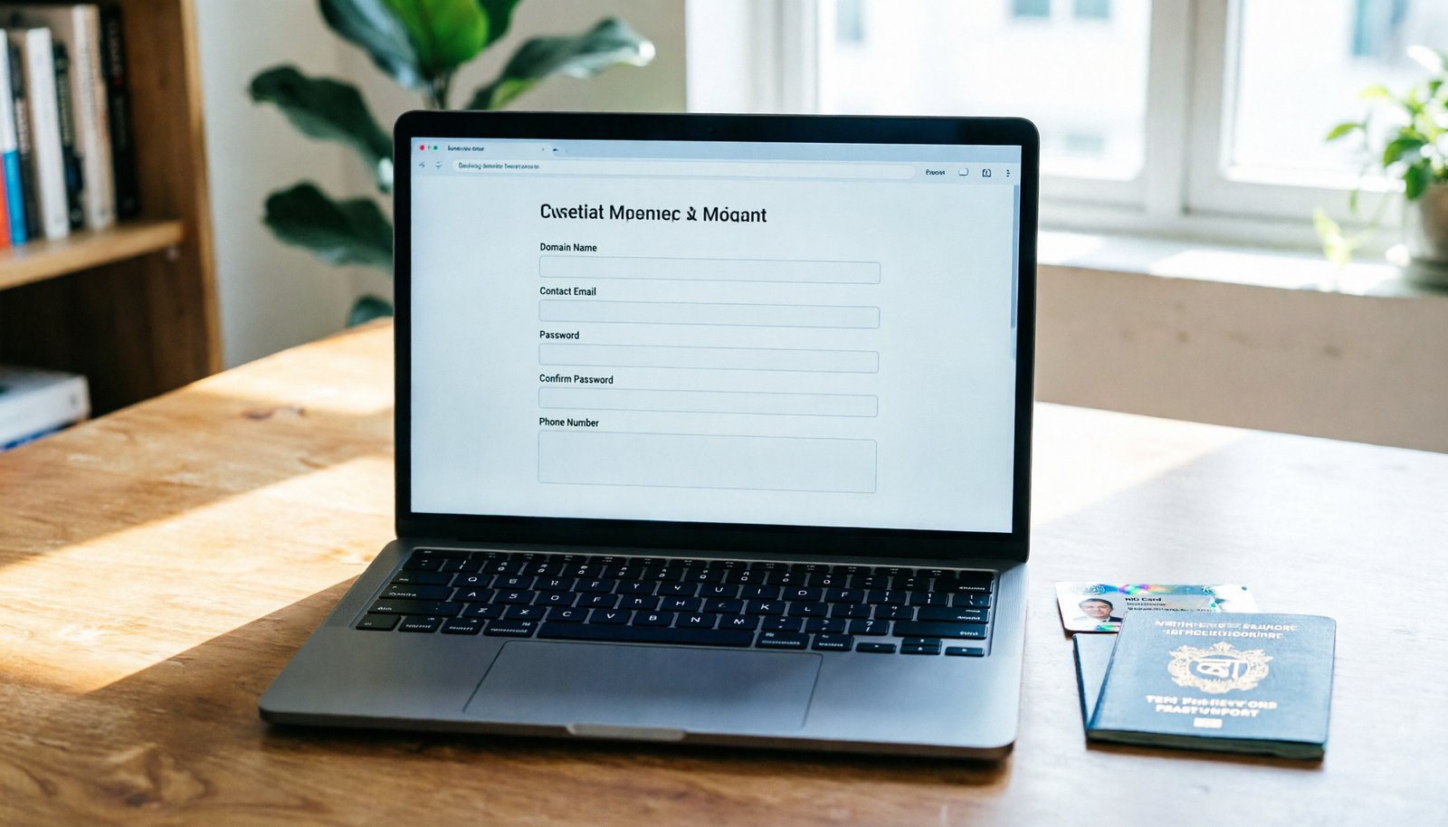 Laptop displaying a domain registration page with identity documents on a wooden desk.