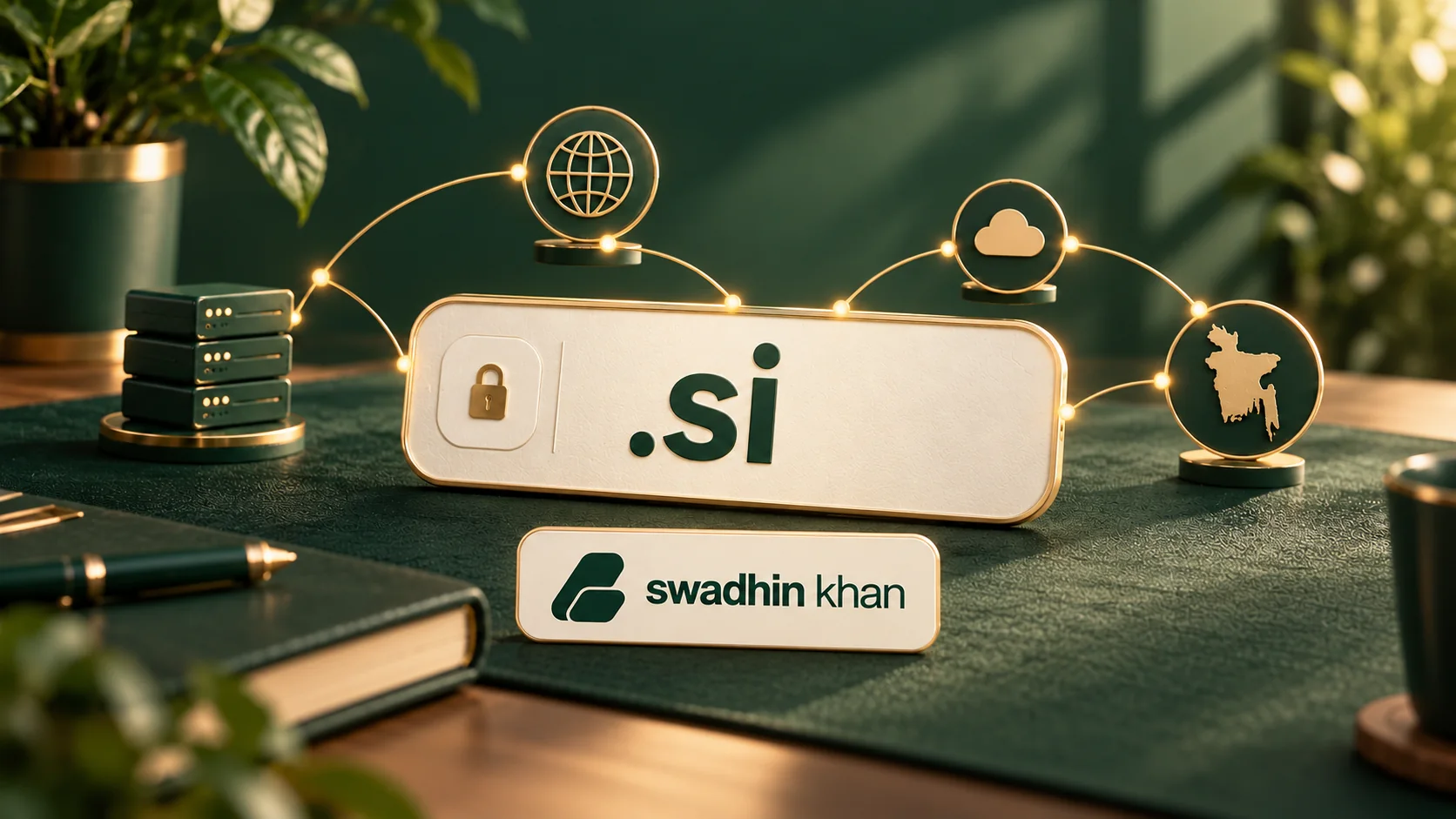 Illustration of a .si domain for a buyer in Bangladesh, with the Swadhin Khan logo