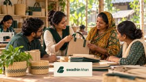 বাংলাদেশের সামাজিক উদ্যোগের দল স্থানীয় ক্রেতার সঙ্গে পণ্য পর্যালোচনা করছে; স্বাধীন খান লোগোসহ