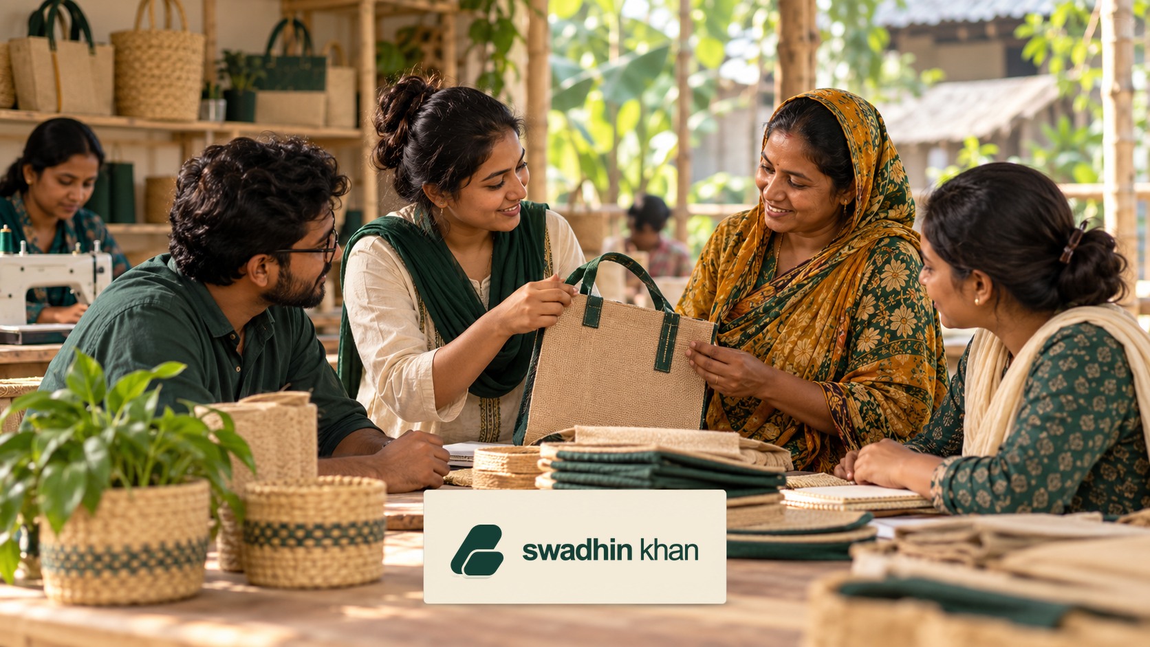 বাংলাদেশের সামাজিক উদ্যোগের দল স্থানীয় ক্রেতার সঙ্গে পণ্য পর্যালোচনা করছে; স্বাধীন খান লোগোসহ