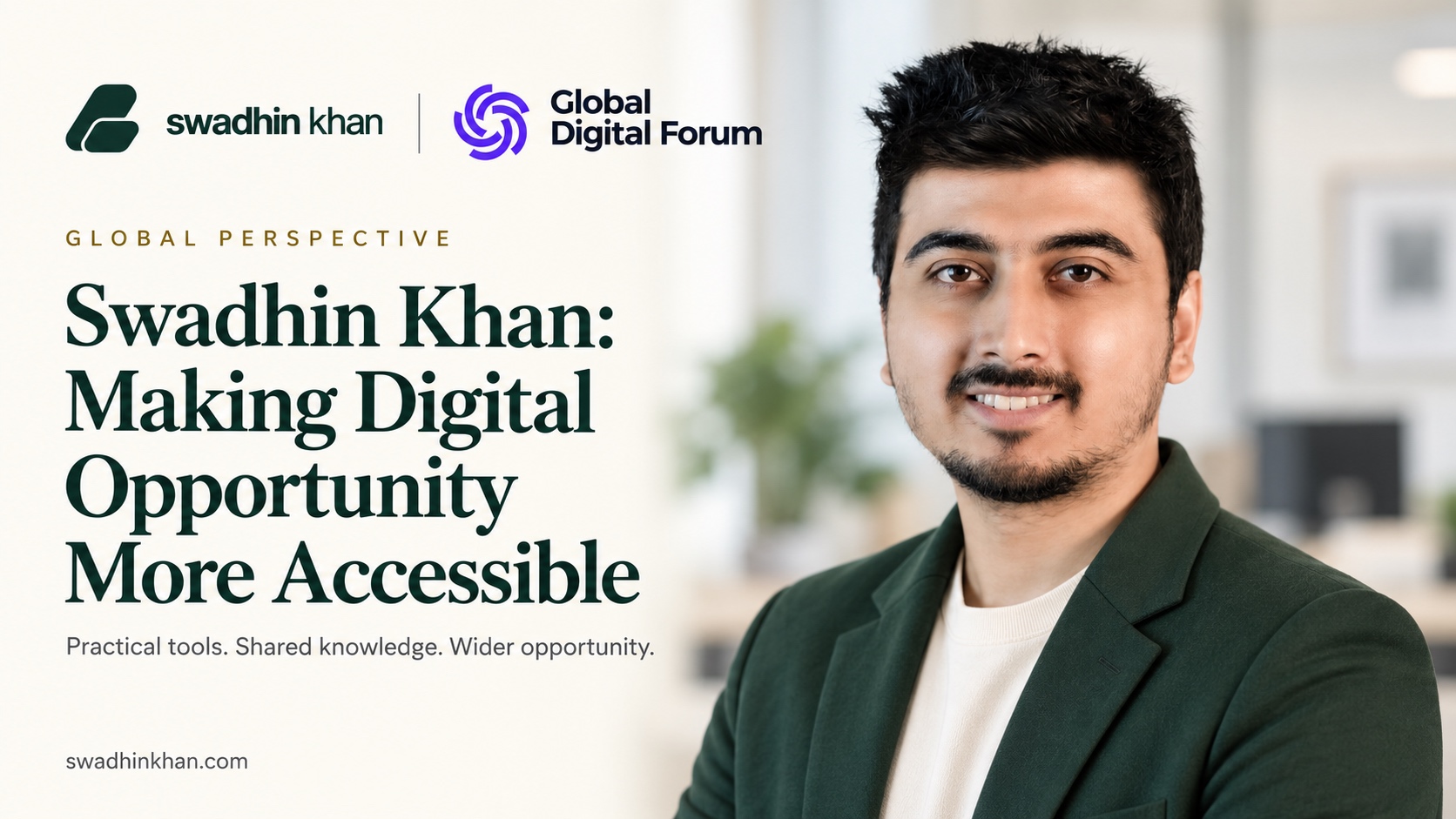 AI-generated editorial portrait of Swadhin Khan with the article title and the Swadhin Khan and Global Digital Forum logos.