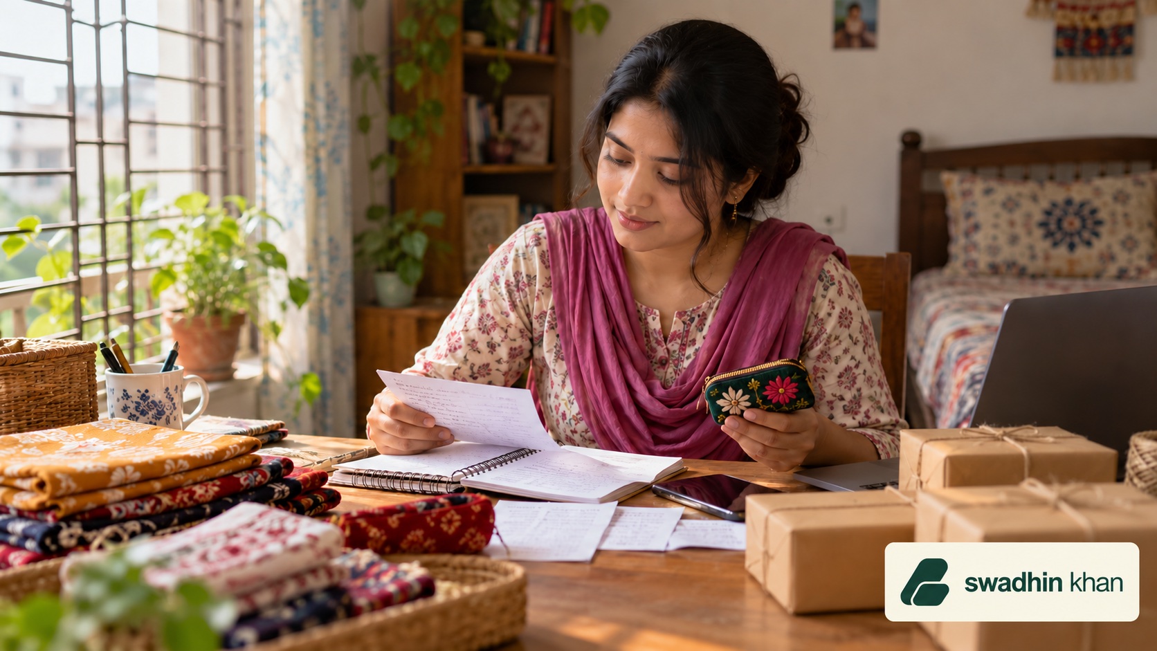 বাংলাদেশি নারী উদ্যোক্তা গ্রাহক নোট ও পণ্যের খরচ পর্যালোচনা করছেন