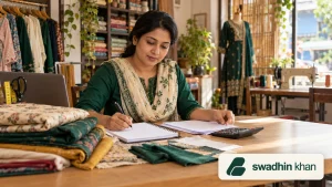 বাংলাদেশে নারী উদ্যোক্তা নিজের টেইলারিং ব্যবসার হিসাব ও ঋণ আবেদন প্রস্তুত করছেন