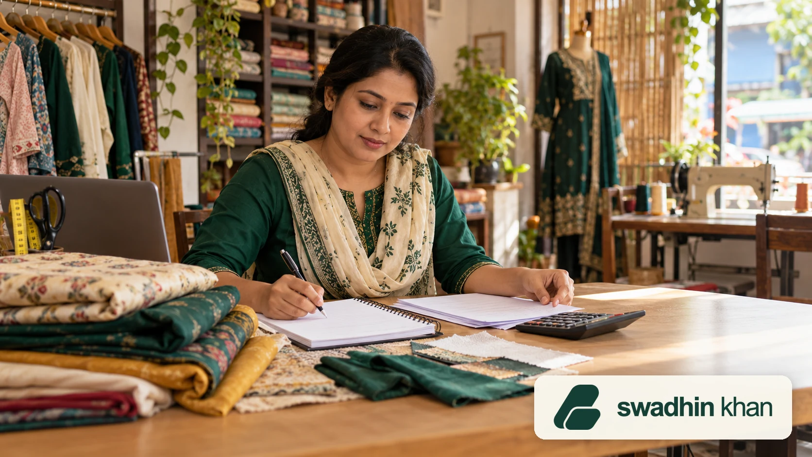 বাংলাদেশে নারী উদ্যোক্তা নিজের টেইলারিং ব্যবসার হিসাব ও ঋণ আবেদন প্রস্তুত করছেন